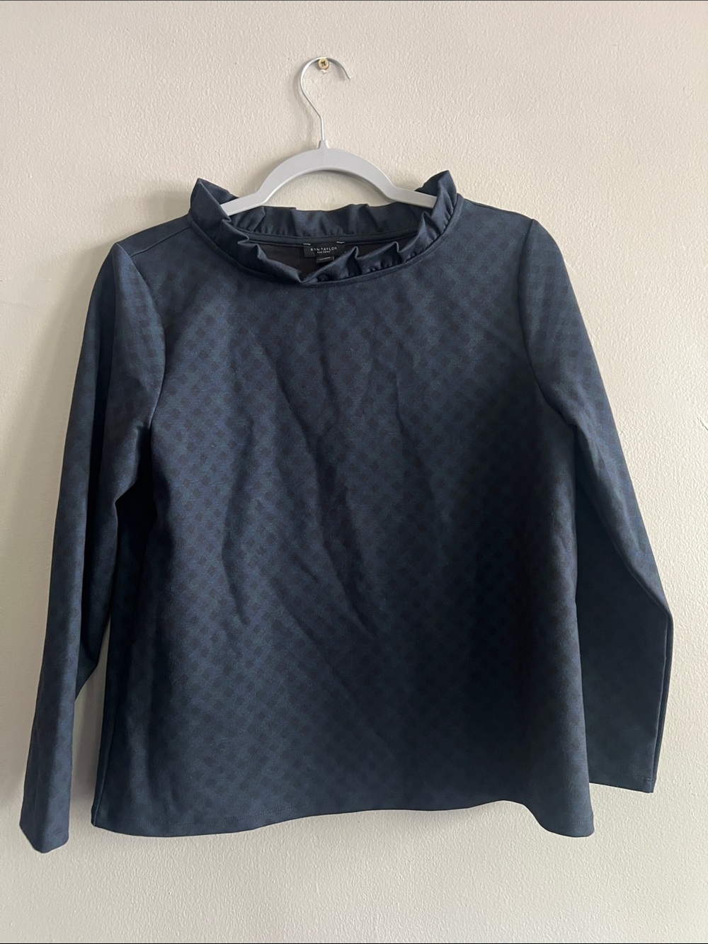 Ann Taylor Factory Navy Ruffle Collar Long-Sleeve Top